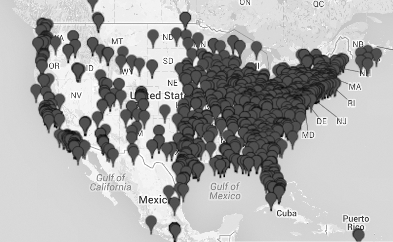 Map showing campuses where HvZ has been played.